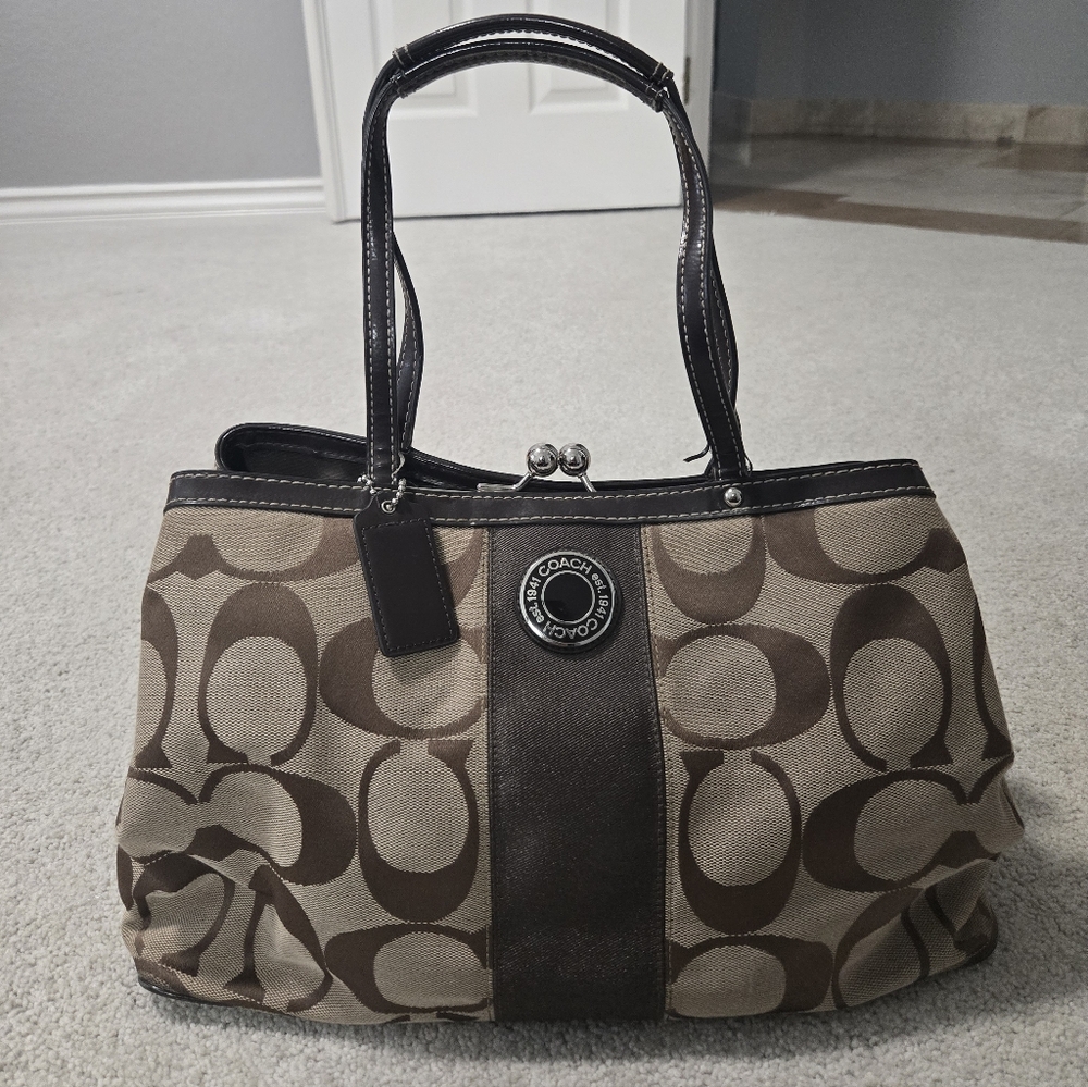 Coach Brown and Black Signature Shoulder Bag